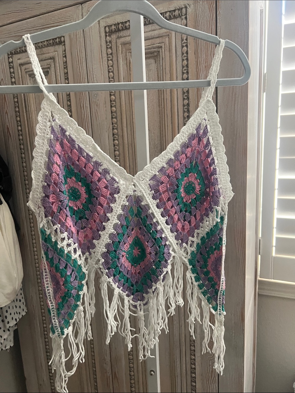 Boho Crochet Fringe Tank Top in White, Purple & Green - Picture 4 of 4